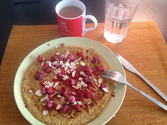 These flour-less pancakes are equally tasty topped with slivered almonds and raspberries